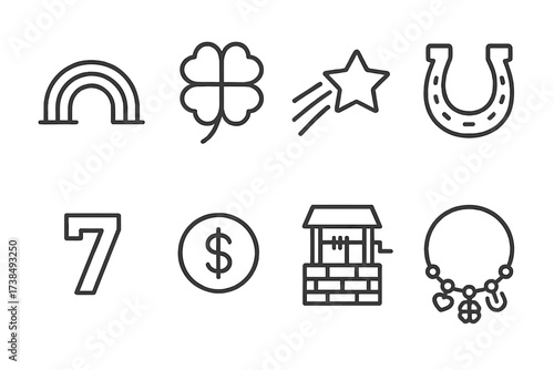 Lucky Icons Collection. Outline icon set of luck signs: rainbow, four-leaf clover, shooting star, horseshoe, lucky number, gold coin, wishing well, charm