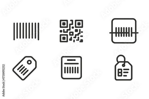Barcode Icon Set. Outline icon set of barcode and scanning labels: barcode, QR code, scanner beam, product code, price tag, shelf label, inventory tag, RFID
