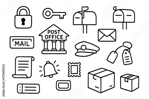 Postal Elements Doodle. Hand-drawn doodle illustration Postal security and access lock, key, mailbox, mail slot, flag, post office building, envelope, parcel,
