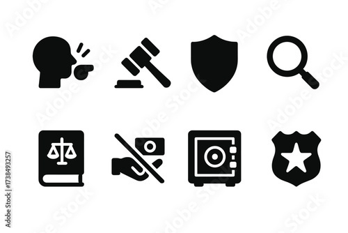 Anti-Bribery Icon Set. Solid, filled icon set of anti-bribery actions: whistleblower, gavel, shield, magnifying glass, law book, crossed-out money hand, locked