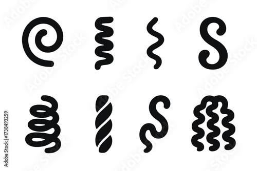 Ringlet Hair Patterns. Solid, filled icon set of ringlet hair patterns: spiral, corkscrew, zigzag, S-shaped, coiled, twisted, wavy ringlets, layered curls.