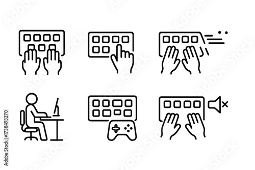 Keyboard Typing Icons. Outline icon set of keyboard typing styles: touch typing, hunt and peck, fast typing, slow typing, ergonomic posture, gaming mode,