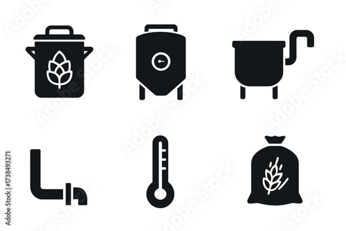 Beer Brewing Icons. Solid, filled icon set of beer brewing equipment: brewing kettle, fermentation tank, mash tun, filter, pipe, thermometer, pump, barley