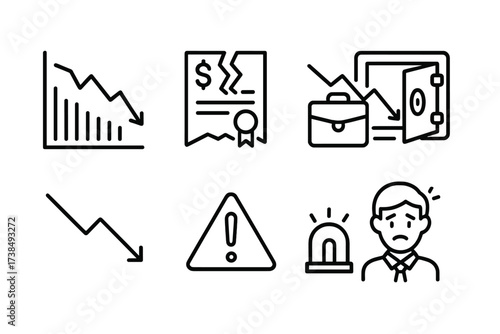 Investment Loss Icons. Outline icon set of investment loss: crashing stock chart, broken certificate, declining portfolio, empty safe, downward trend arrow,
