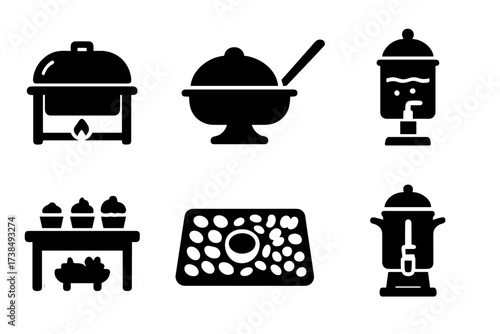 Banquet Catering Icons. Solid, filled icon set of banquet catering elements: chafing dish, food tray, punch bowl, beverage dispenser, dessert table, appetizer