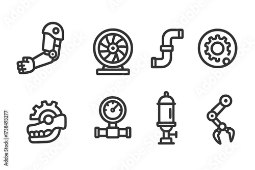 Steampunk Creature Parts. Outline icon set of steampunk creature parts: brass arm, steam turbine, copper pipe, clockwork eye, gear jaw, pressure valve, steam