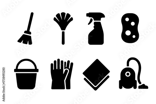 Cleaning Tools Icons. Solid, filled icon set of cleansing tools: broom, feather duster, spray bottle, sponge, bucket, gloves, cleaning cloth, vacuum cleaner.
