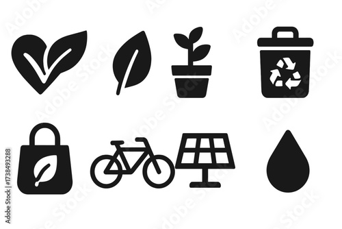 Plant-Based Icons Grid. Solid, filled icon set of plant-based lifestyle: vegan symbol, eco leaf, plant pot, compost bin, reusable bag, bike, solar panel, water