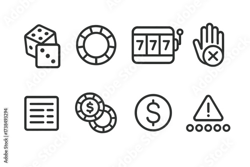 Gambling Icon Set. Outline icon set of gambling risk: dice, poker chip, slot machine, losing hand, bet slip, casino tokens, dollar sign, jackpot warning. Line