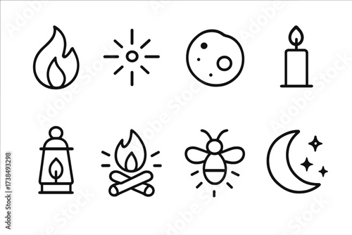 Fire-Themed Icon Set. Outline icon set of fireplace lighting: flame, spark, ember, candlelight, lantern, glowing logs, firefly, moonlight. Line icons in only