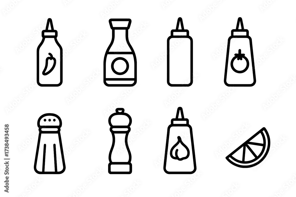Fototapeta premium Street Food Condiments. Outline icon set of street food spices and condiments: chili sauce, soy sauce, mustard, ketchup, salt shaker, pepper grinder, garlic