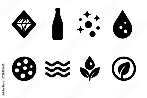 Sparkling Water Icons. Solid, filled icon set of sparkling water brands concept: artisan logo, premium bottle silhouette, sparkling typography, natural