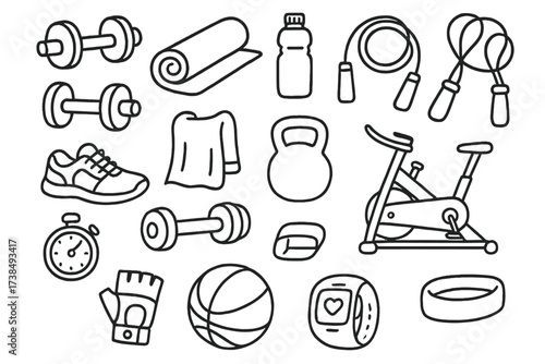 Fitness Gear Doodle. Hand-drawn doodle illustration Personal fitness equipment dumbbells, yoga mat, water bottle, resistance bands, jump rope, sneakers,