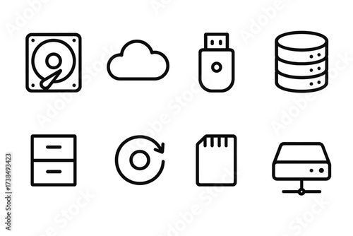 Data Storage Icons. Outline icon set of computer data storage: hard drive, cloud storage, USB flash, database server, file cabinet, backup disk, SD card,
