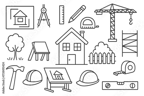 Architectural Planning Doodles. Hand-drawn doodle illustration residential architecture house, blueprint, compass, ruler, pencil, drafting table, crane,