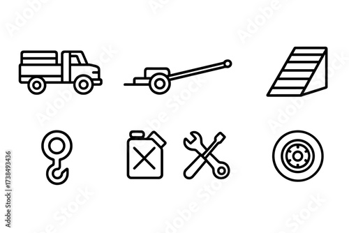 Anti-Tank Transport Icons. Outline icon set of anti-tank gun transportation: military truck, trailer, towing hook, loading ramp, wheel chock, fuel container,