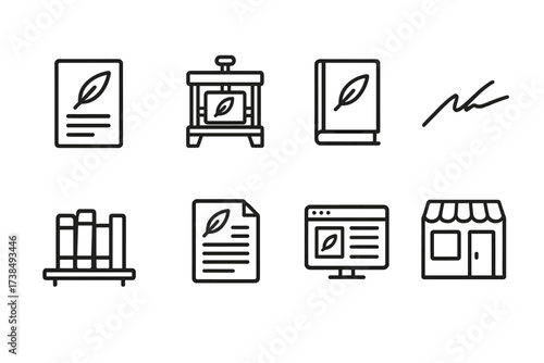 Poetry Publishing Icons. Outline icon set of poetry publishing: manuscript, printing press, book cover, author signature, library shelf, newspaper clipping,