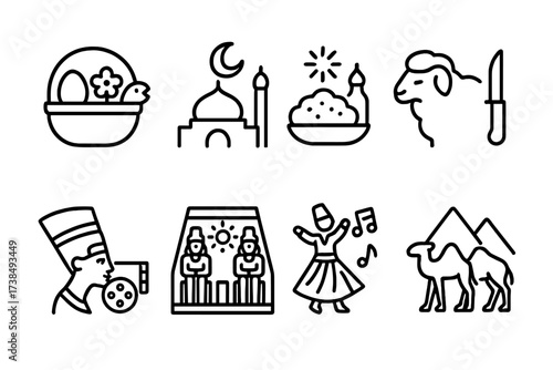 Egyptian Festival Icons. Outline icon set of Egyptian festivals: Sham el-Nessim, Ramadan, Eid al-Fitr, Eid al-Adha, Cairo International Film Festival, Abu