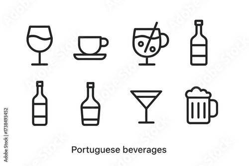 Spanish and Portuguese Icons. Outline icon set of Spanish nature and wildlife: iberian lynx, cork oak, olive tree, Mediterranean sea, mountain, flamingo,