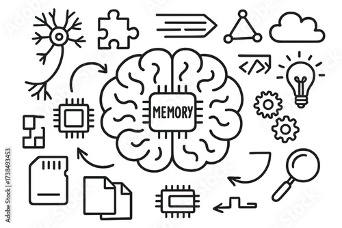 Mind's Puzzle Elements. Hand-drawn doodle illustration memory block brain, neurons, blocks, puzzle pieces, computer chip, data flow, network, cloud, gears,
