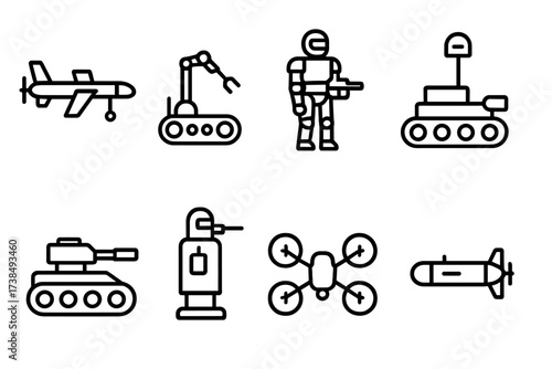 Military Robot Icons. Outline icon set of military robot types: reconnaissance drone, bomb disposal robot, combat robot, surveillance rover, autonomous tank,