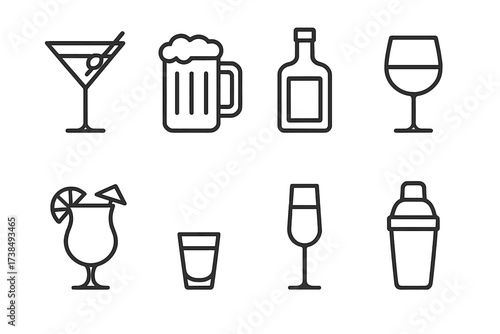 Bar Drink Icons. Outline icon set of themed bar drinks: martini glass, beer mug, whiskey bottle, wine glass, tropical cocktail, shot glass, champagne flute,