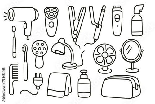 Personal Care Doodle Icons. Hand-drawn doodle illustration Personal care appliances hair dryer, electric shaver, straightener, curler, trimmer, toothbrush,