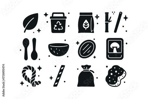 Biodegradable Icons Collection. Biodegradable materials. Solid icons set of biodegradable materials: leaf, compost bin, corn starch bag, bamboo straw, wooden