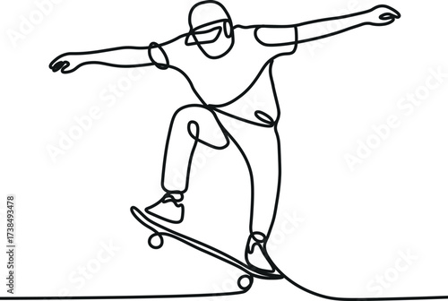 One single line drawing of young skateboarder man exercise riding skateboard, Man playing skateboard continuous one line drawing. Skateboard player single line art illustration.