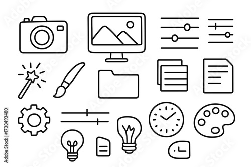 Creative Editing Tools. Hand-drawn doodle illustration photo preset camera, computer screen, sliders, filter, brush, layers panel, gear, settings icon,