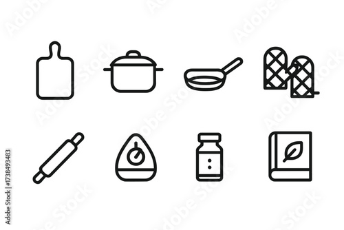 Dinner Prep Icons. Outline icon set of dinner preparation: chopping board, cooking pot, frying pan, oven mitts, rolling pin, kitchen timer, spice jar, recipe