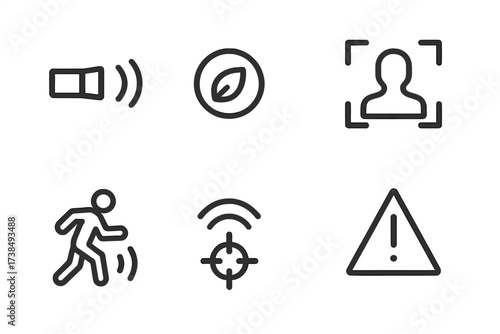 Night Vision Icons. Outline icon set of night vision signals: infrared beam, green glow, heat signature, thermal outline, motion detection, signal waves,