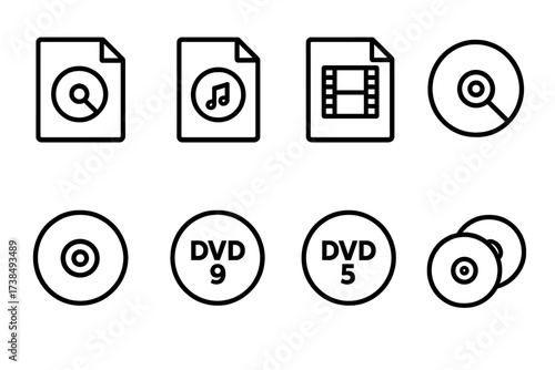 Media and Legal Icons. Outline icon set of CD/DVD formats: ISO file, MP3 audio, MPEG video, WAV file, VCD disc, DVD-, DVD-, dual layer disc. Line icons in only