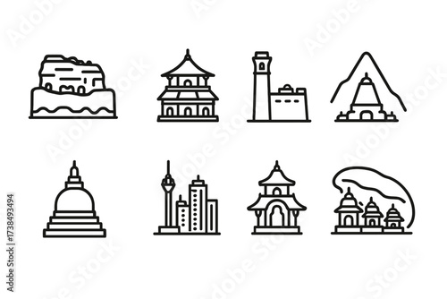 Sri Lanka Icons Collection. Outline icon set of Sri Lankan landmarks: Sigiriya rock, Temple of the Tooth, Galle fort, Adam?s peak, Anuradhapura stupa, Colombo