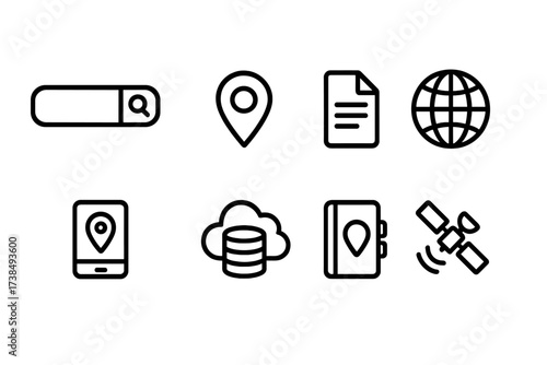 Zip Code Icon Set. Outline icon set of zip code lookup: search bar, map marker, document, globe, mobile phone, data cloud, address book, GPS satellite. [Line