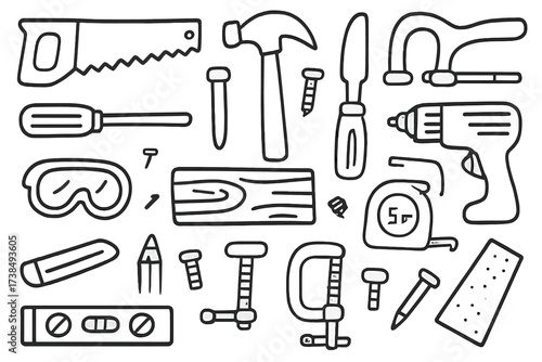 Woodworking Tools Doodle. Hand-drawn doodle illustration woodworking tools saw, hammer, chisel, plane, screwdriver, tape measure, clamps, drill, nails, bolts,