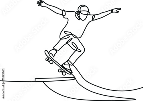 One single line drawing of young skateboarder man exercise riding skateboard, Man playing skateboard continuous one line drawing. Skateboard player single line art illustration.