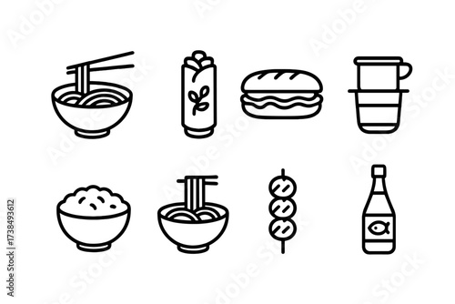 Vietnamese Food Icons. Outline icon set of Vietnamese food: pho bowl, spring roll, banh mi sandwich, coffee drip, rice bowl, noodle soup, grilled pork, fish