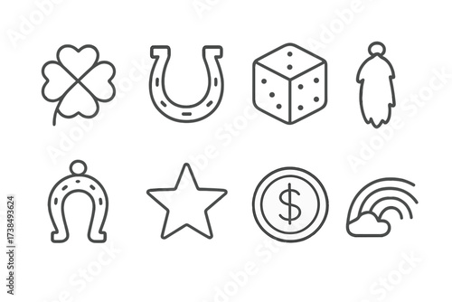 Lucky Icon Grid. Outline icon set of dice luck: four-leaf clover, horseshoe, dice, rabbit foot, lucky charm, star, coin, rainbow. Line icons in only black
