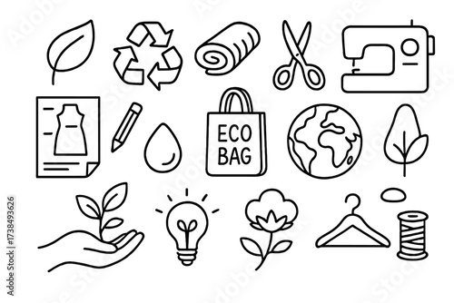 Sustainable Fashion Icons. Hand-drawn doodle illustration Sustainable fashion design leaf, recycling symbol, fabric roll, scissors, sewing machine, blueprint,