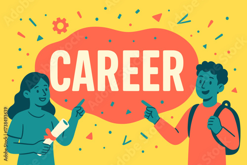 Bold Career Celebration. Career banner, flat vector illustration, bold oversized text inside rounded blob, cartoon characters pointing at banner, holding