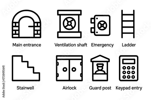 Bunker Access Icons. Outline icon set of bunker access points: main entrance, ventilation shaft, emergency hatch, ladder, stairwell, airlock, guard post,