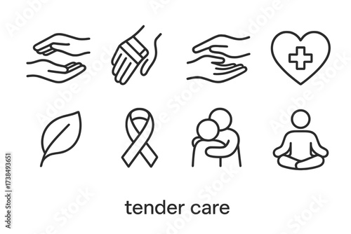 Tender Care Icons. Outline icon set of tender care: nursing hands, bandage, gentle massage, heart with cross, healing leaf, support ribbon, comforting hug,