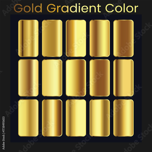 Collection of fifteen realistic gold gradient swatches or samples with subtle variations in tone and shine