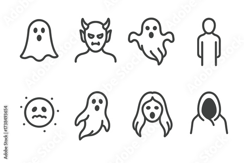Supernatural Icon Set. Outline icon set of supernatural beings: ghost, demon, poltergeist, shadow figure, spirit orb, phantom, banshee, wraith. [Line icons in