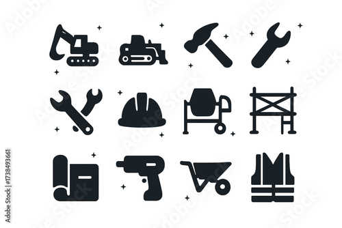 Construction Icons Grid. Construction Growth. Solid icons set of excavator, bulldozer, dump truck, hammer, wrench, safety helmet, concrete mixer, scaffolding,
