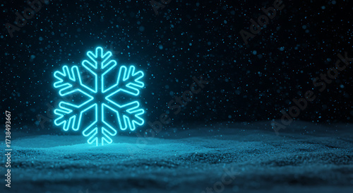 Neon Snowflake Silhouette: A radiant neon snowflake silhouette glows against the backdrop of a winter scene, portraying the serenity and quietude of a snow-covered environment.