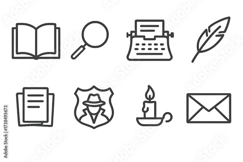 Mystery Icons Set. Outline icon set of mystery literature: book, magnifying glass, typewriter, quill, manuscript, detective badge, candle, letter. Line icons