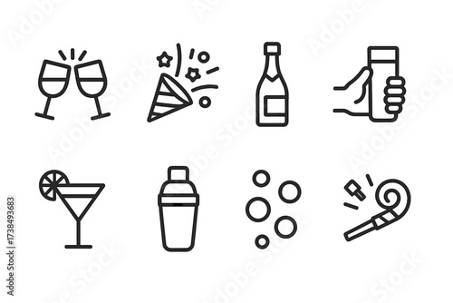 Celebration Drinks Icon Set. Outline icon set of celebration drinks: clinking glasses, party confetti, champagne bottle, toast, cocktail shaker, sparkling