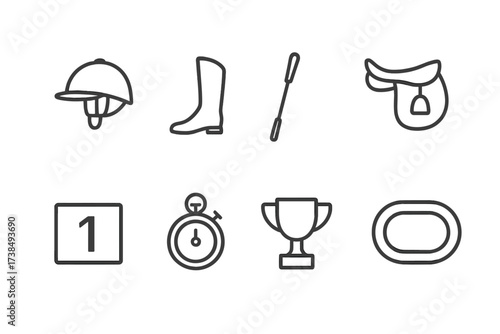 Jockey Gear Icons. Outline icon set of jockey gear: helmet, riding boots, whip, saddle, race number, stopwatch, trophy, race track. Line icons in only black